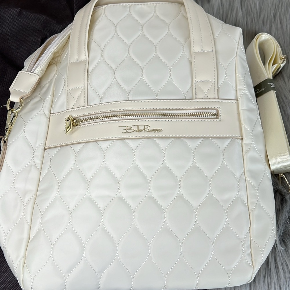 NWT Bella Russo Quilted Tote/ Backpack/ Shoulder bag 14.4" Off White Beige - Picture 2 of 5